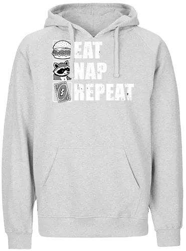 Eat Nap Repeat - Eat, Eating, Food, Fast Food, Fast-food, Street Food, Repeat, Nap, Napping, Nappy, Sleepy, Sleep, Sleeping, Meme, Internet, Pets, Pet, Comfy, Raccoon, Burger, Cheeseburger, Card Game, Pizza - Fairtrade Hoodie