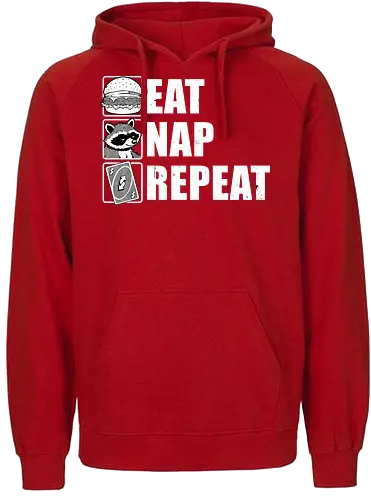 Eat Nap Repeat - Eat, Eating, Food, Fast Food, Fast-food, Street Food, Repeat, Nap, Napping, Nappy, Sleepy, Sleep, Sleeping, Meme, Internet, Pets, Pet, Comfy, Raccoon, Burger, Cheeseburger, Card Game, Pizza - Fairtrade Hoodie
