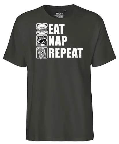 Eat Nap Repeat - Eat, Eating, Food, Fast Food, Fast-food, Street Food, Repeat, Nap, Napping, Nappy, Sleepy, Sleep, Sleeping, Meme, Internet, Pets, Pet, Comfy, Raccoon, Burger, Cheeseburger, Card Game, Pizza - Fairtrade T-Shirt