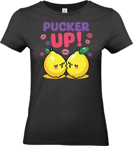 PUCKER UP! - lemons, cartoon, cute, kissing, text, playful, colorful, lipstick marks, kawaii, bold letters - Standard T-Shirt (Women)
