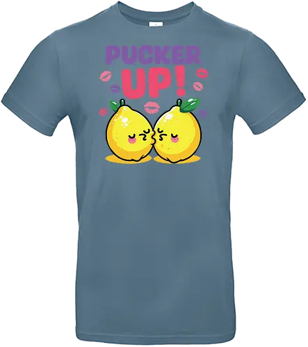 PUCKER UP! - lemons, cartoon, cute, kissing, text, playful, colorful, lipstick marks, kawaii, bold letters - Standard T-Shirt