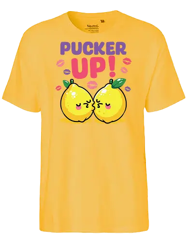 PUCKER UP! - lemons, cartoon, cute, kissing, text, playful, colorful, lipstick marks, kawaii, bold letters - Fairtrade T-Shirt