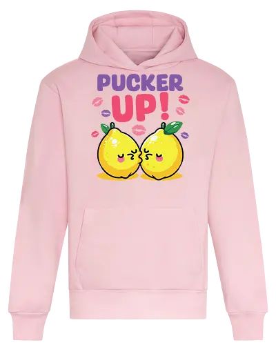 PUCKER UP! - lemons, cartoon, cute, kissing, text, playful, colorful, lipstick marks, kawaii, bold letters - Heavyweight Hoodie
