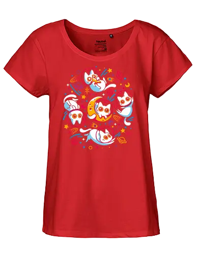 Kitten Cosmos - white cats, space, science fiction, galaxy, kawaii cute, kittens, kitties, neon colors, astronomy, planets, moon, astronaut, universe, rainbow color, scifi - Fairtrade Girl Shirt