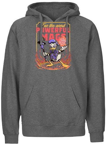 Powerful Duck Mage - rpg, duck, donald duck, walt disney, mage, black mage, dark mage, dark magic, wizard, sorcerer, sorcery, magical, ritual, fantasy, adventure, video game, video games, Kingdom, wizard, fireball, powerful, fire, fun, funny - Fairtrade Hoodie