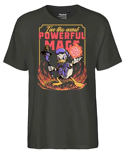 Powerful Duck Mage - rpg, duck, donald duck, walt disney, mage, black mage, dark mage, dark magic, wizard, sorcerer, sorcery, magical, ritual, fantasy, adventure, video game, video games, Kingdom, wizard, fireball, powerful, fire, fun, funny - Fairtrade T-Shirt