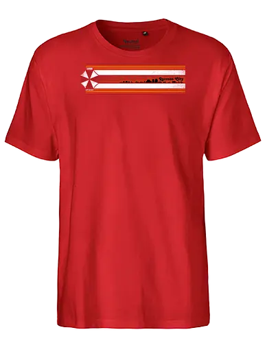 Raccoon City Stripes - Raccoon City, Horror, retro stripes, retro gaming, re2, umbrella corp, 1998, stars - Fairtrade T-Shirt