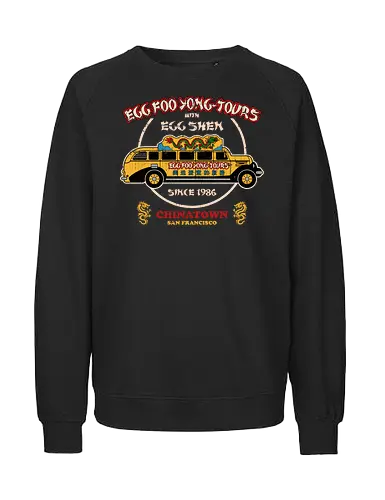Egg Foo Yong Tours Chinatown - big trouble in little china, 80s, 80s movies, action movies, bus, chinatown, chinese, classic, dragon, egg shen, jack burton, lo pan, nostalgia, retro, vintage - Fairtrade Sweatshirt