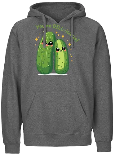 You're DILL-icious - kawaii, cucumbers, cute, cartoon, playful, text, green, expressive, fun, illustration - Fairtrade Hoodie