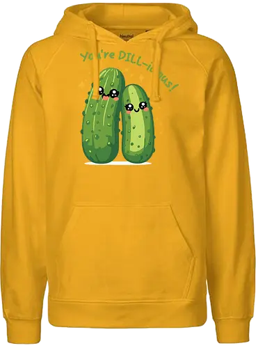 You're DILL-icious - kawaii, cucumbers, cute, cartoon, playful, text, green, expressive, fun, illustration - Fairtrade Hoodie