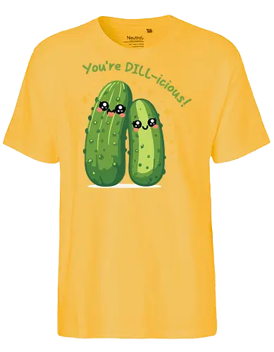 You're DILL-icious - kawaii, cucumbers, cute, cartoon, playful, text, green, expressive, fun, illustration - Fairtrade T-Shirt