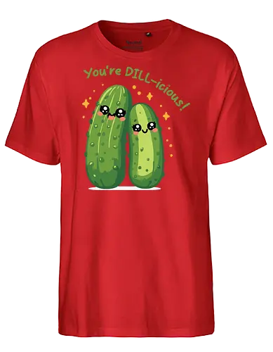 You're DILL-icious - kawaii, cucumbers, cute, cartoon, playful, text, green, expressive, fun, illustration - Fairtrade T-Shirt