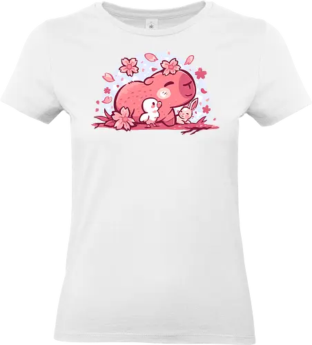 Pink Spring Friends - Capybara, niedliches Tier, Frühlingsblüte, gemütlich, Kawaii Capybara, Kirschblütenästhetik, Pastelltier, niedliches Capybara, wohltuend, weich, Naturfreund, entspannendes Tier, Capybara und Freunde, pastell, Hase - Standard T-Shirt (Women)