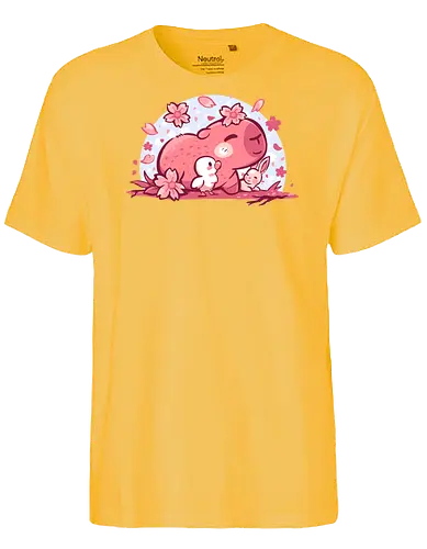 Pink Spring Friends - Capybara, niedliches Tier, Frühlingsblüte, gemütlich, Kawaii Capybara, Kirschblütenästhetik, Pastelltier, niedliches Capybara, wohltuend, weich, Naturfreund, entspannendes Tier, Capybara und Freunde, pastell, Hase - Fairtrade T-Shirt