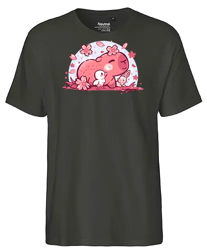 Pink Spring Friends - Capybara, niedliches Tier, Frühlingsblüte, gemütlich, Kawaii Capybara, Kirschblütenästhetik, Pastelltier, niedliches Capybara, wohltuend, weich, Naturfreund, entspannendes Tier, Capybara und Freunde, pastell, Hase - Fairtrade T-Shirt