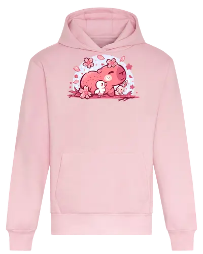 Pink Spring Friends - Capybara, niedliches Tier, Frühlingsblüte, gemütlich, Kawaii Capybara, Kirschblütenästhetik, Pastelltier, niedliches Capybara, wohltuend, weich, Naturfreund, entspannendes Tier, Capybara und Freunde, pastell, Hase - Heavyweight Hoodie