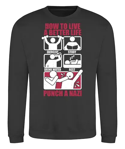 How To Have A Better Life - Historical, History, Daily, Routine, Revolution, Trained, Training, Exercise, Resting, Sleeping, Sleep, Sleepy, Reading, Read, Book, Punch, Bad Guys, Baddies, How To, Comics, Comic, Information, Infographic, Nazis - Sweatshirt