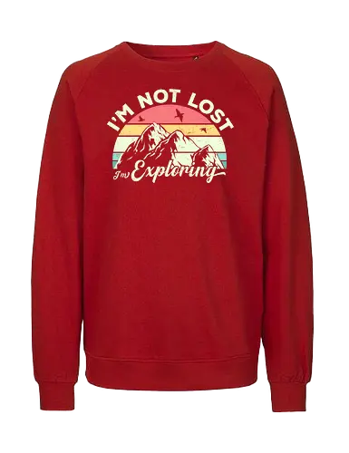 I'm not lost, I'm exploring. - mountain, exploring, adventure, retro, sunset, nature, birds, typography, colorful - Fairtrade Sweatshirt