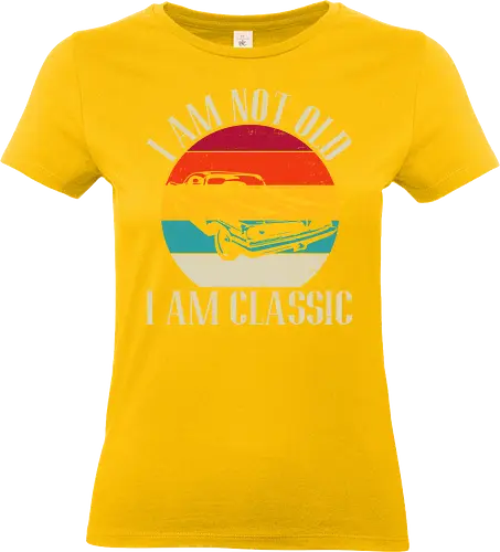 I am not old, I am classic - vintage car, retro, sunset gradient, humor, classic, typography, nostalgia, vehicle, bold colors, phrase - Standard T-Shirt (Women)