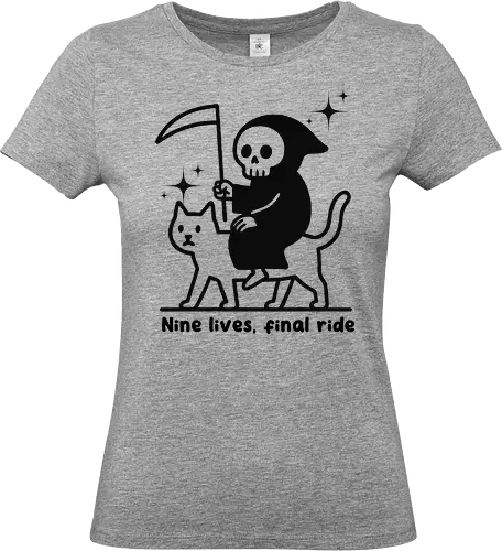 Nine lives, final ride - text, monochrome, grim reaper, cat, humor, cartoon, whimsical, dark comedy, scythe, sparkle - Standard T-Shirt (Women)