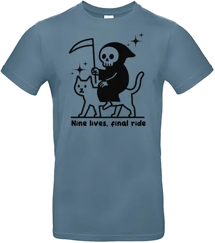 Nine lives, final ride - text, monochrome, grim reaper, cat, humor, cartoon, whimsical, dark comedy, scythe, sparkle - Standard T-Shirt