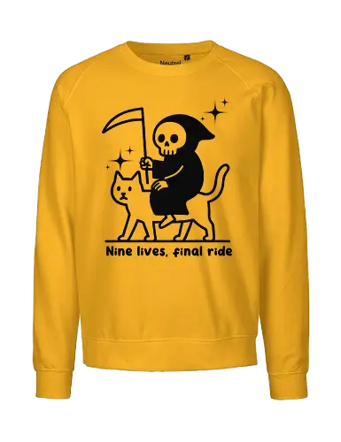 Nine lives, final ride - text, monochrome, grim reaper, cat, humor, cartoon, whimsical, dark comedy, scythe, sparkle - Fairtrade Sweatshirt