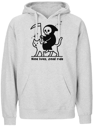 Nine lives, final ride - text, monochrome, grim reaper, cat, humor, cartoon, whimsical, dark comedy, scythe, sparkle - Fairtrade Hoodie