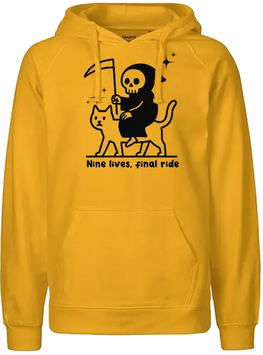 Nine lives, final ride - text, monochrome, grim reaper, cat, humor, cartoon, whimsical, dark comedy, scythe, sparkle - Fairtrade Hoodie