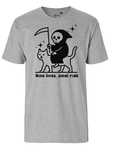 Nine lives, final ride - text, monochrome, grim reaper, cat, humor, cartoon, whimsical, dark comedy, scythe, sparkle - Fairtrade T-Shirt