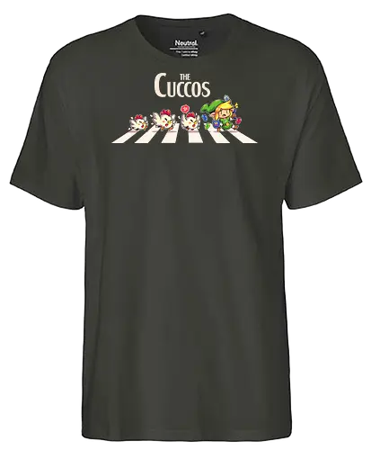 The Cuccos - rpg, games, gaming, abbey road, master sword, Hero of Time, chicken, cute, retro - Fairtrade T-Shirt