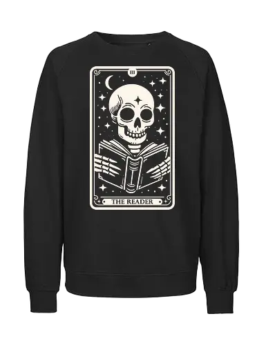 The Reader Tarot Skull - tarot card, tarot, skull, bone, pop culture, horror, horror, halloween, nerd, magic, vintage, retro, mystical, black magic, magic - Fairtrade Sweatshirt