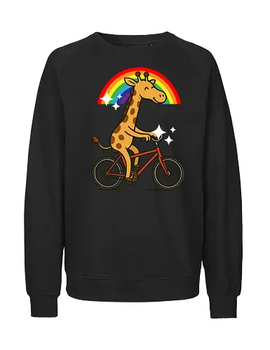  cheerful giraffe rides a bicycle - animal, cycling, giraffe, bicycle, rainbow, whimsical, playful, colorful, sparkles, cartoon - Fairtrade Sweatshirt