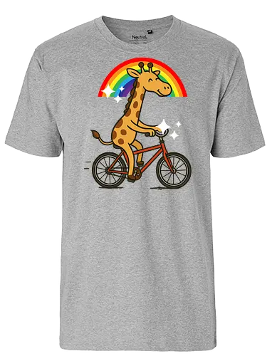  cheerful giraffe rides a bicycle - animal, cycling, giraffe, bicycle, rainbow, whimsical, playful, colorful, sparkles, cartoon - Fairtrade T-Shirt
