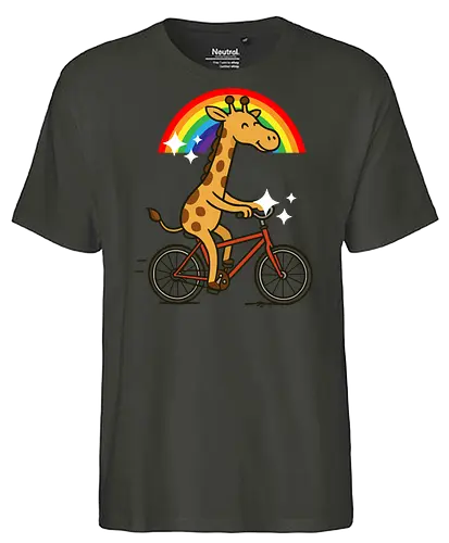  cheerful giraffe rides a bicycle - animal, cycling, giraffe, bicycle, rainbow, whimsical, playful, colorful, sparkles, cartoon - Fairtrade T-Shirt
