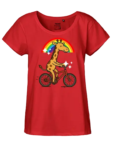  cheerful giraffe rides a bicycle - animal, cycling, giraffe, bicycle, rainbow, whimsical, playful, colorful, sparkles, cartoon - Fairtrade Girl Shirt