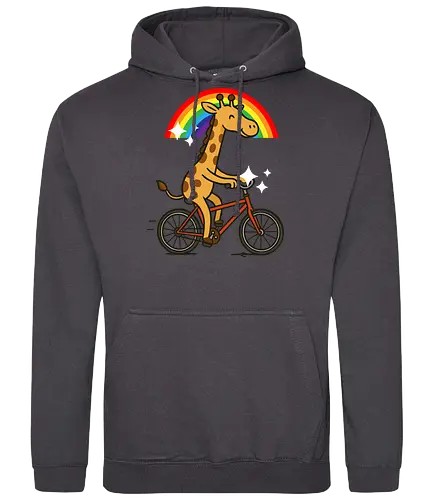  cheerful giraffe rides a bicycle - animal, cycling, giraffe, bicycle, rainbow, whimsical, playful, colorful, sparkles, cartoon - Standard Hoodie