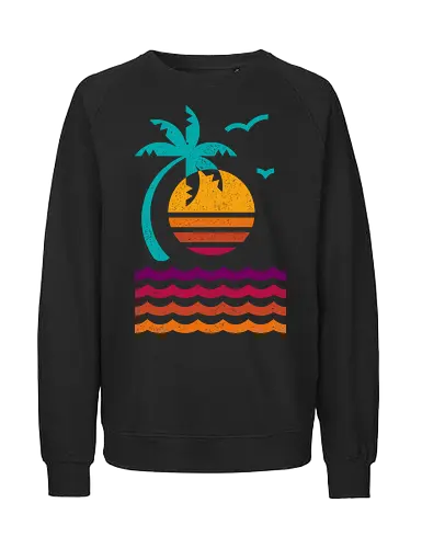 80s Sunset Beach - 80s, abstract, aesthetic, beach, california, geometric, island, miami, minimalist, nostalgia, palm tree, summer, sunset, tropical, vacation - Fairtrade Sweatshirt