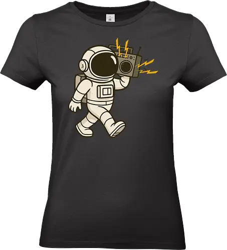 Astronaut with stereo - astronaut, boombox, music, space, walking, retro, cartoon, fun, gray, character - Standard T-Shirt (Women)
