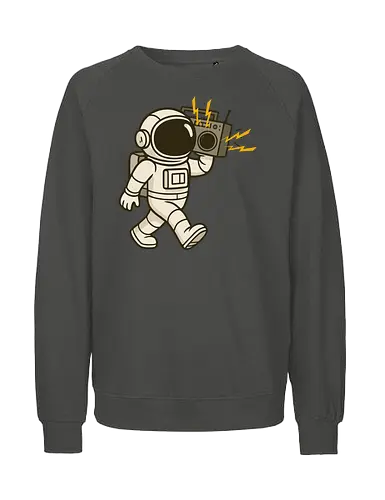 Astronaut with stereo - astronaut, boombox, music, space, walking, retro, cartoon, fun, gray, character - Fairtrade Sweatshirt