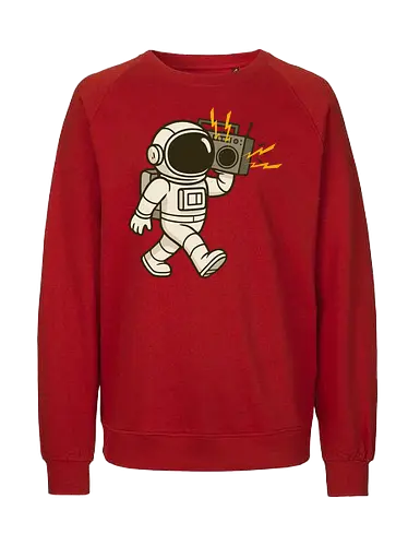 Astronaut with stereo - astronaut, boombox, music, space, walking, retro, cartoon, fun, gray, character - Fairtrade Sweatshirt