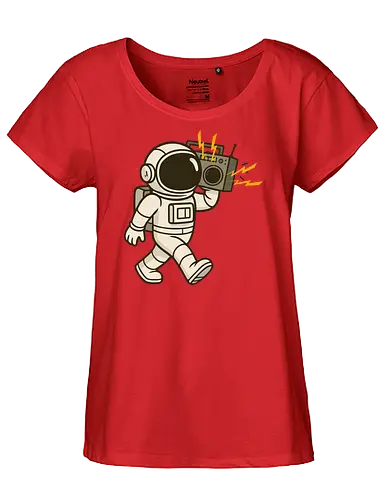 Astronaut with stereo - astronaut, boombox, music, space, walking, retro, cartoon, fun, gray, character - Fairtrade Girl Shirt