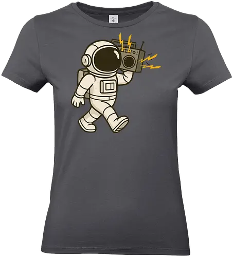 Astronaut with stereo - astronaut, boombox, music, space, walking, retro, cartoon, fun, gray, character - Standard T-Shirt (Women)