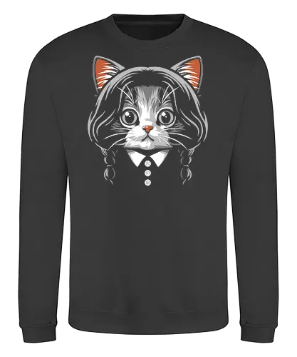 Wednesday Addams Cute Cat - wednesday addams, black cat, cute, chibi, cartoon, addams, goth, viral, wednesday, addams family, halloween, horror, morticia, gomez, gothic - Sweatshirt