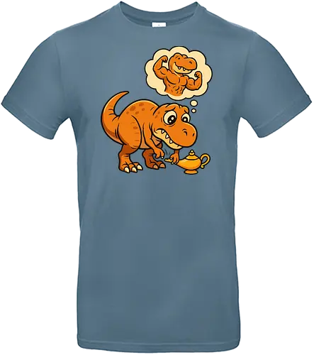 think positive - dinosaur, cartoon, genie, lamp, wish, humorous, thought bubble, imagination, muscles - Standard T-Shirt