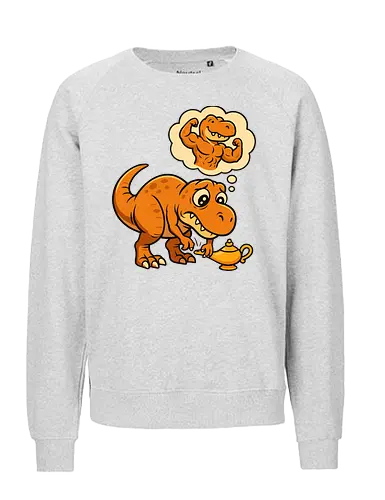 think positive - dinosaur, cartoon, genie, lamp, wish, humorous, thought bubble, imagination, muscles - Fairtrade Sweatshirt