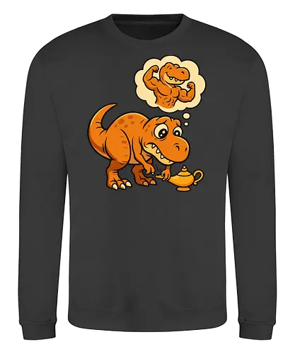 think positive - dinosaur, cartoon, genie, lamp, wish, humorous, thought bubble, imagination, muscles - Sweatshirt