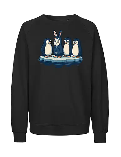 imposter - penguins, ice float, rabbit costume, humor, contrast, quizzical, expressions, whimsical, scene, playful - Fairtrade Sweatshirt