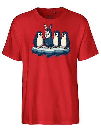 imposter - penguins, ice float, rabbit costume, humor, contrast, quizzical, expressions, whimsical, scene, playful - Fairtrade T-Shirt