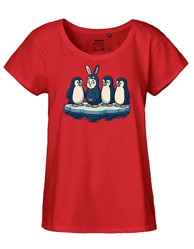 imposter - penguins, ice float, rabbit costume, humor, contrast, quizzical, expressions, whimsical, scene, playful - Fairtrade Girl Shirt