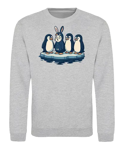 imposter - penguins, ice float, rabbit costume, humor, contrast, quizzical, expressions, whimsical, scene, playful - Sweatshirt